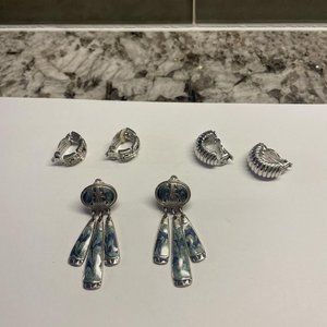 Lot Of 3 Silver Tone Costume Earrings Screw On Clip-on Dangle / Hoop Mix